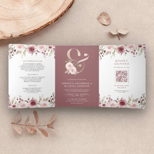 Blush Floral Dusty Rose Ampersand QR Code Wedding Dreifach Gefaltete Einladung
