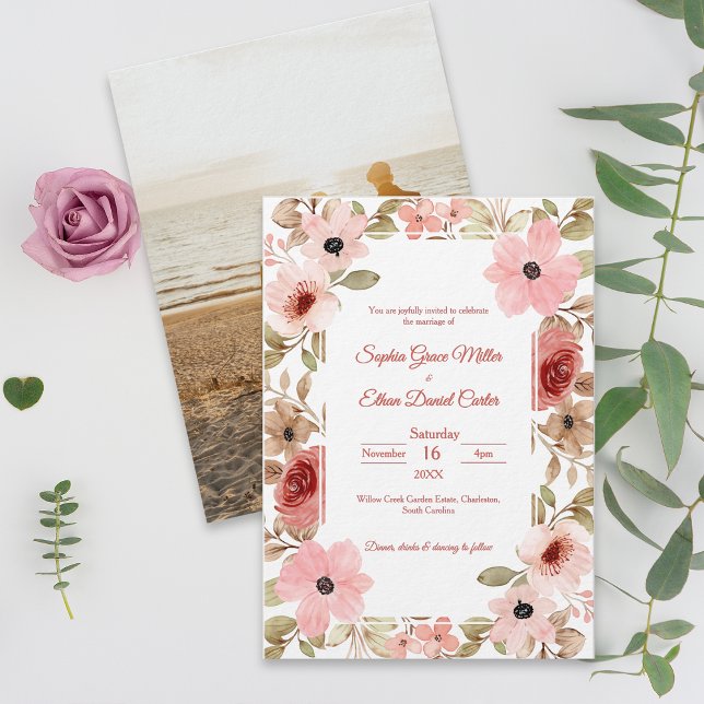 Blush Floral Elegant Photo Wedding Invitation (Blush Floral Elegant Photo Wedding Invitation)