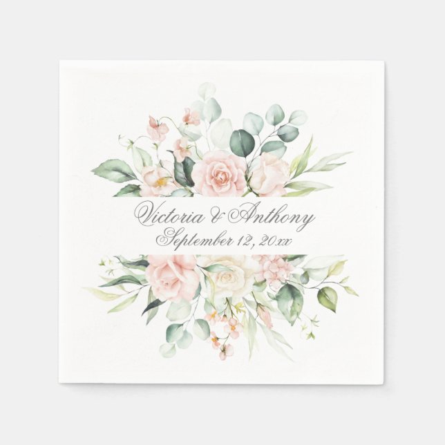 Blush Floral Eleganter Script Name Wedding Napkins Serviette (Vorderseite)