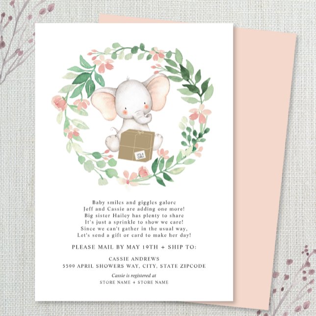 Blush Floral Elephant Baby Sprinkle per Post Einladung (Von Creator hochgeladen)
