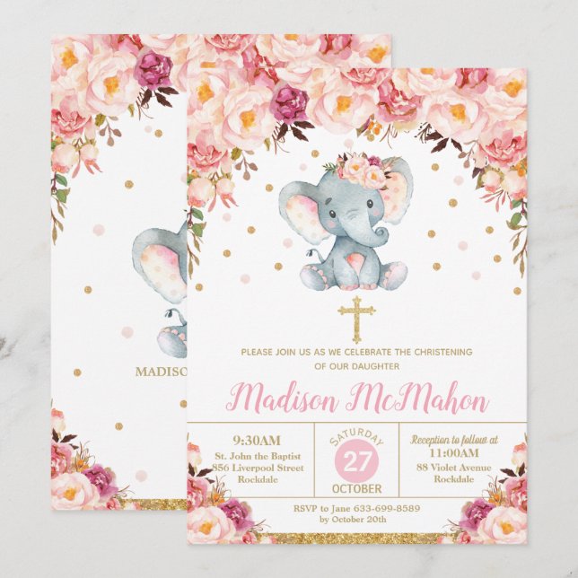 Blush Floral Elephant Christening Taufe Girl Einladung (Vorne/Hinten)