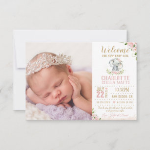 Blush Floral Elephant New Baby Girl Foto Birth Ankündigung
