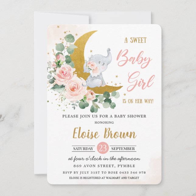 Blush Floral Elephant Sweet Baby Girl Dusche   Einladung (Vorderseite)