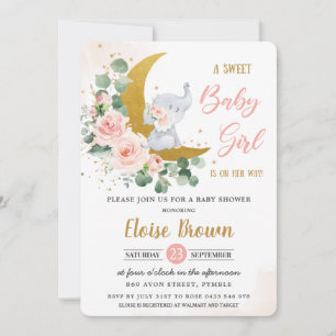 Blush Floral Elephant Sweet Baby Girl Dusche   Einladung