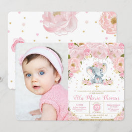 Blush Floral Elephant Taufe Girl Foto Einladung