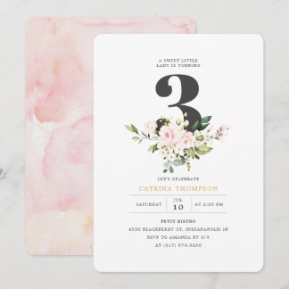 Blush Floral & Eucalyptus Girl 3. Geburtstags-Part Einladung