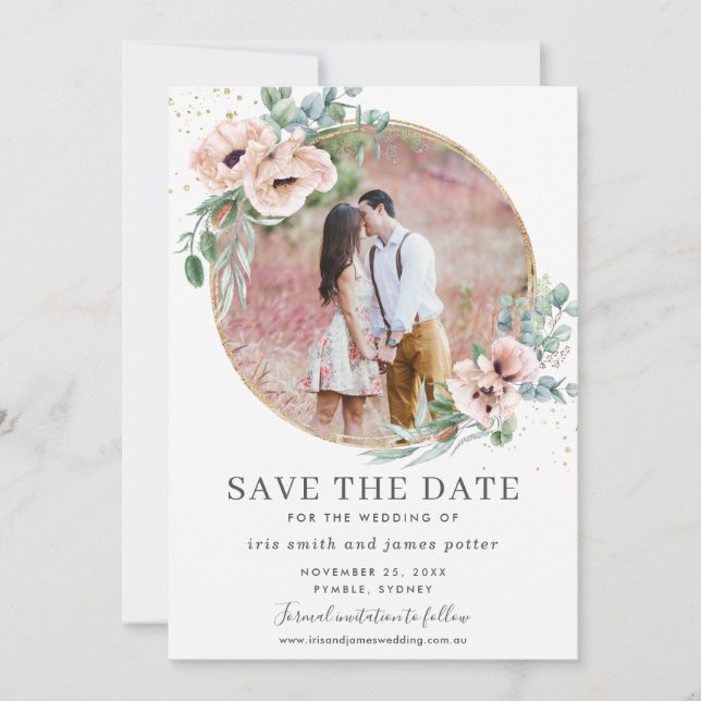 Blush Floral Eucalyptus Photo Enregistrer la carte (Devant)