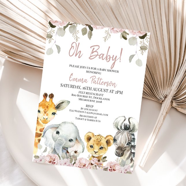 Blush Floral Eucalyptus Safari Baby Dusche Einladung (Girls safari themed baby shower invitation featuring four cute animals and blush floral arrangements)