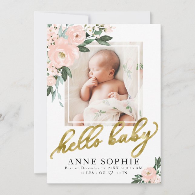 Blush Floral Faire-part de naissance & Carte de re (Devant)