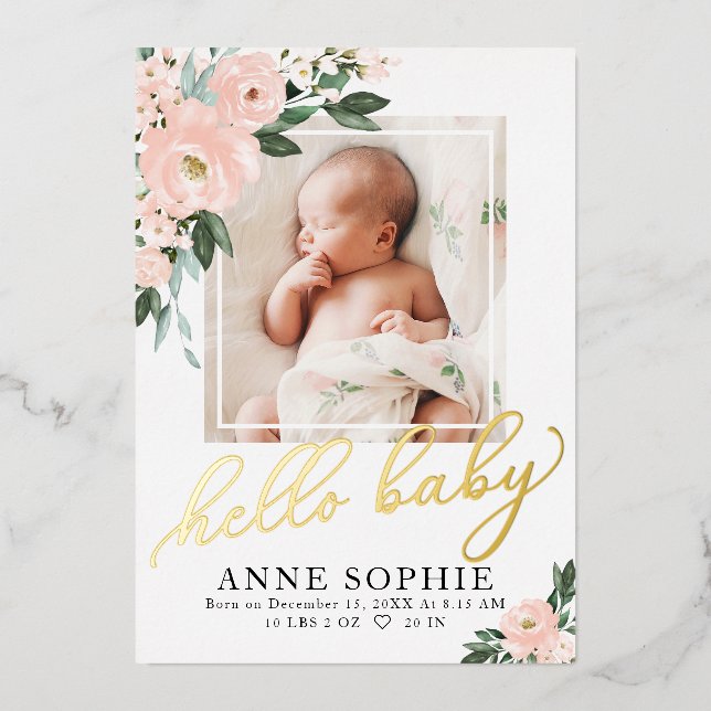 Blush Floral Faire-part de naissance & Carte de re (Recto)