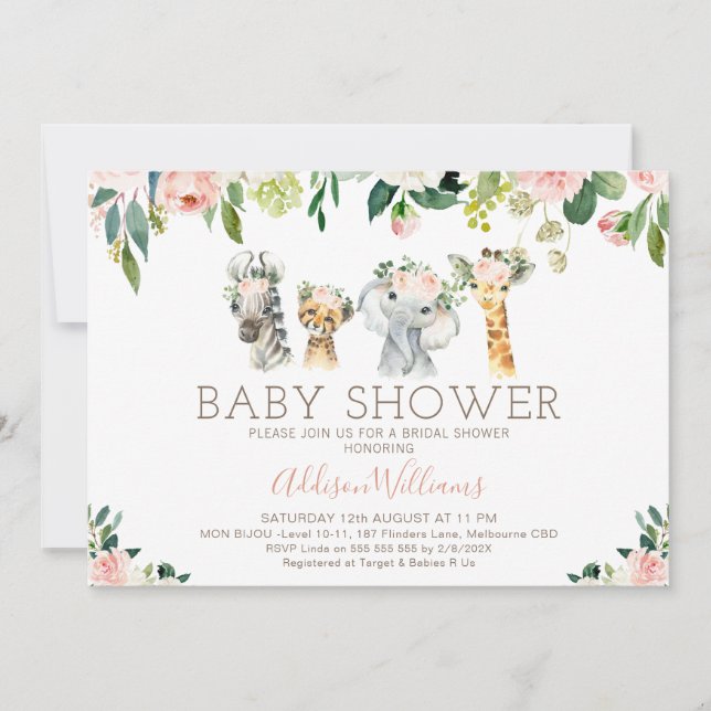 Blush Floral Foliage Safari Baby shower Invitation (Devant)