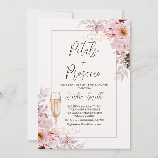 Blush Floral Frame Petals Prosecco Brautparty Einladung (Vorderseite)