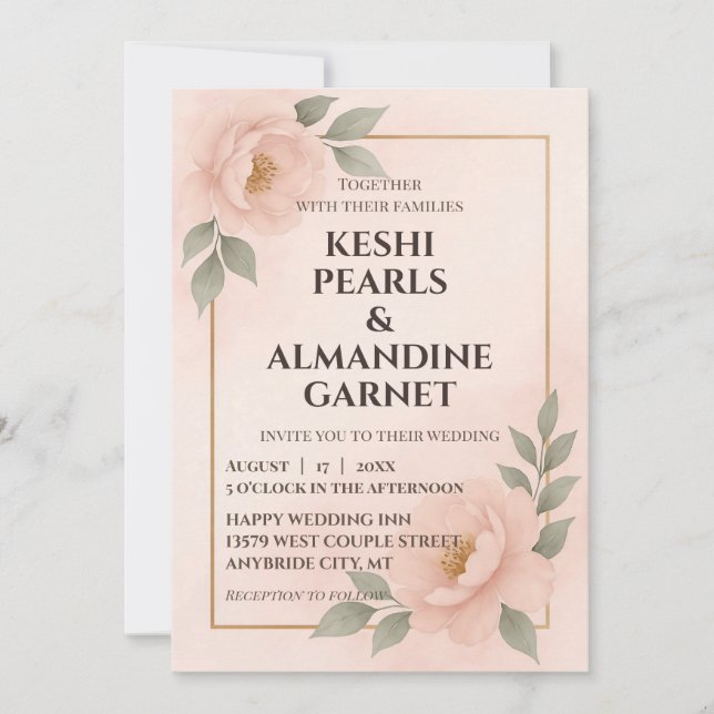 Blush Floral Frame Wedding Invitation Einladung (Vorderseite)