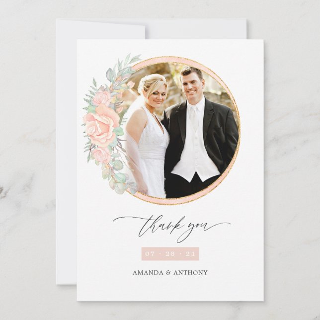Blush Floral Geometric Wedding Foto Collage Dankeskarte (Vorderseite)