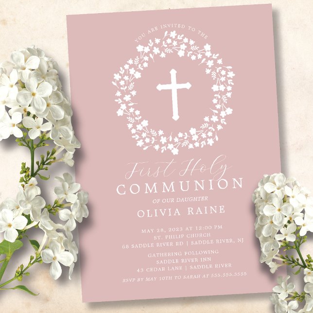 Blush Floral Girls First Communion Invitation (Créateur téléchargé)
