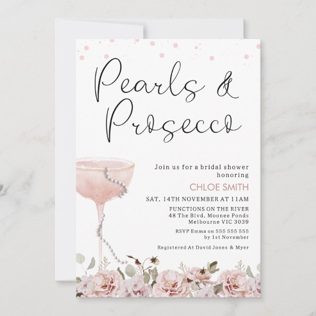 Blush Floral Glass Pearls Prosecco Brautparty Einladung (Vorderseite)