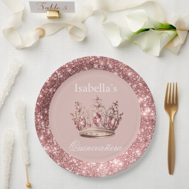 Blush Floral Glitzern Tiara Crown Quinceñera Pappteller (Hochzeit)