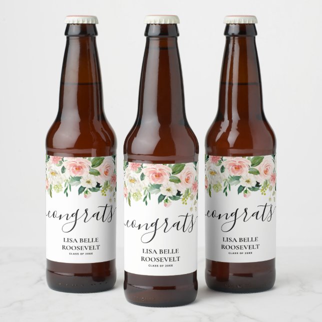 Blush Floral Glückwunschs Girl Abschluss Bierflaschenetikett (Flaschen)