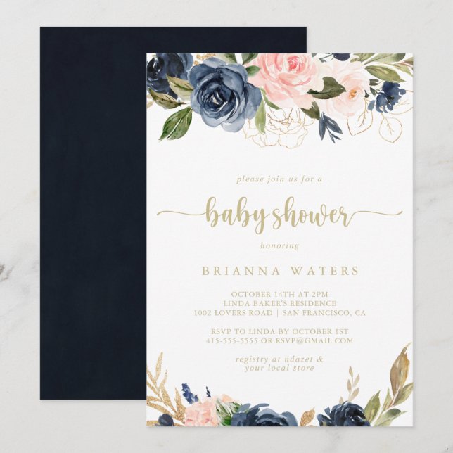 Blush Floral Gold Baby Dusche Einladung (Vorne/Hinten)