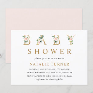 Blush Floral Gold Briefe Kinderdusche Einladung
