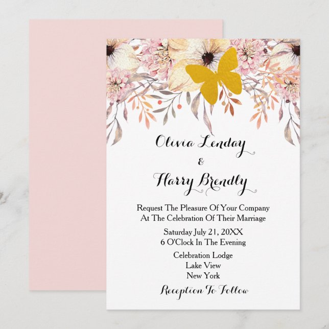 Blush Floral Gold Butterfly Einladung Hochzeit (Vorne/Hinten)