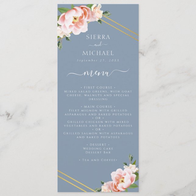 Blush Floral Gold Dusty Blue Wedding Empfang Menükarte (Vorderseite)