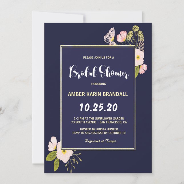 Blush Floral Gold Frame Navy Blue Brautparty Einladung (Vorderseite)
