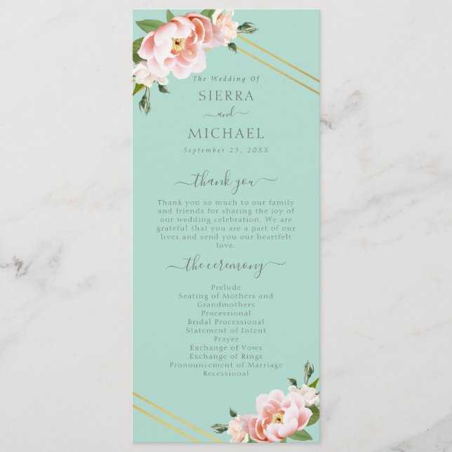 Blush Floral Gold Geometric Mint Green Wedding Programm (Vorderseite)
