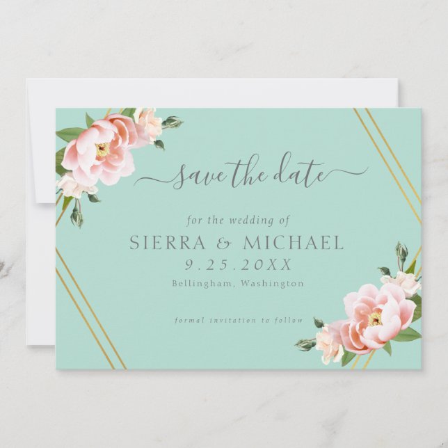 Blush Floral Gold Geometric Mint Green Wedding Save The Date (Vorderseite)