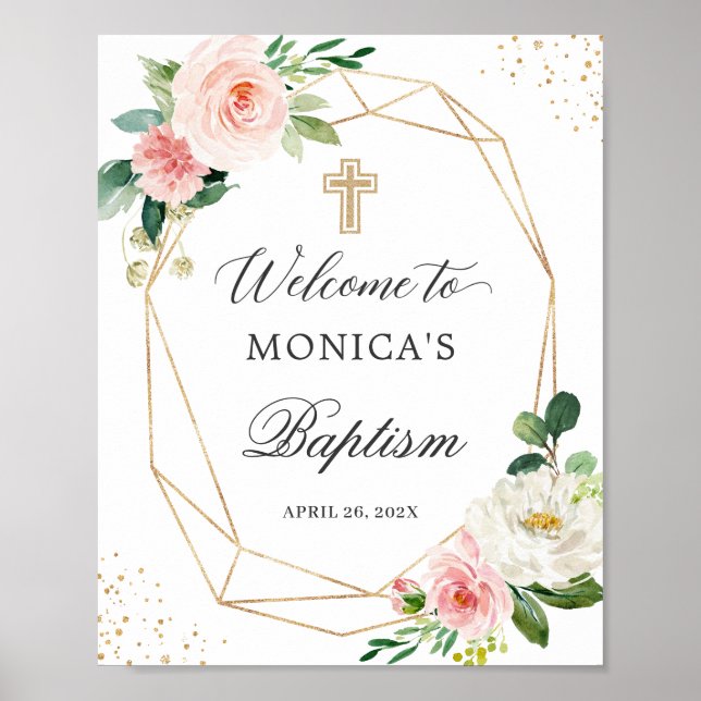 Blush Floral Gold Geometric Taufe Begrüßungszeiche Poster (Vorne)