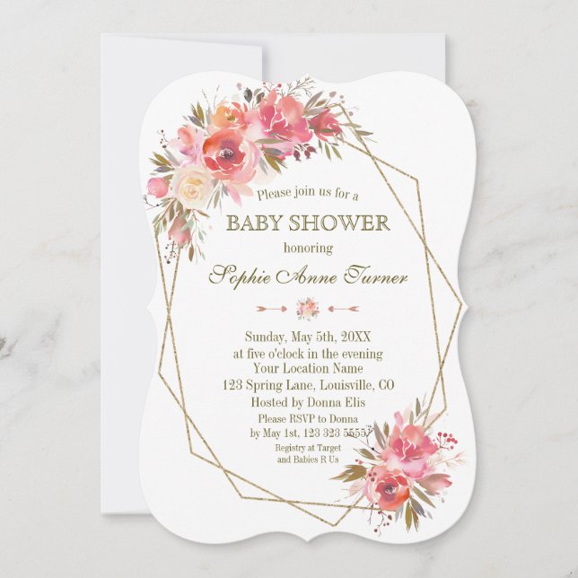 Blush Floral Gold Glitzer Frame Baby Dusche Einladung (Vorderseite)