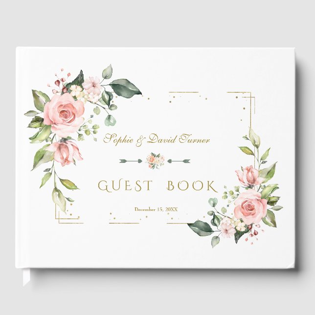 Blush Floral Gold Glitzer Frame Navy Hochzeit Gästebuch (Vorderseite)