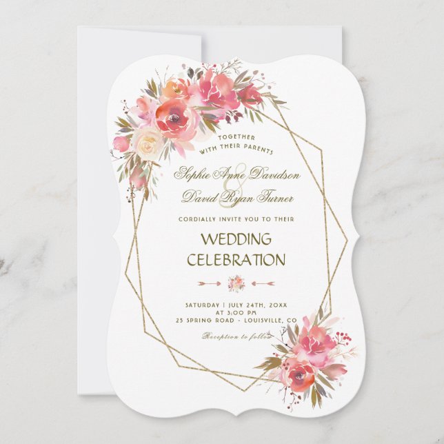 Blush Floral Gold Glitzer Rahmen Hochzeit Einladung (Vorderseite)