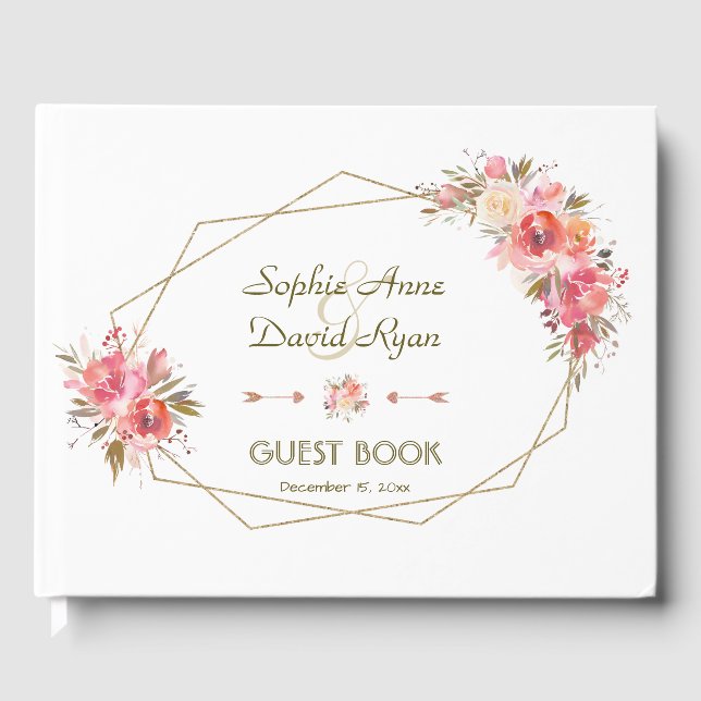 Blush Floral Gold Glitzer Rahmen Hochzeit Gästebuch (Vorderseite)