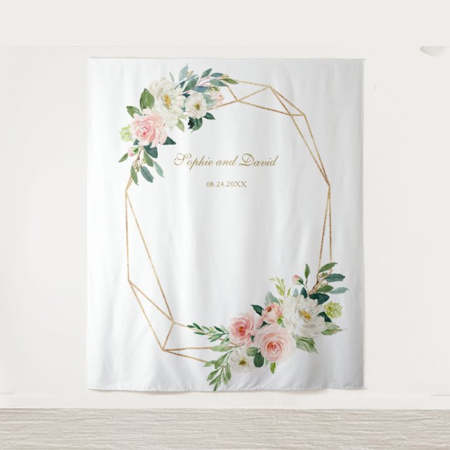 Blush Floral Gold Hochzeitsstand Foto Hintergrund Wandteppich (Vorderseite)
