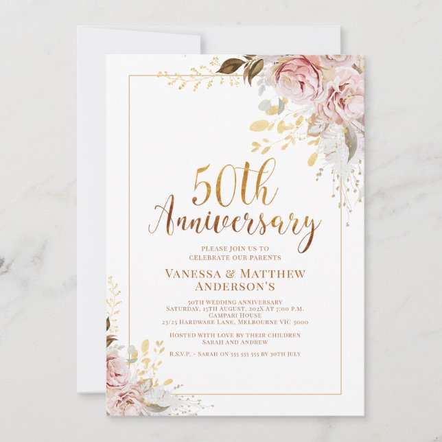 Blush Floral Gold Kalligraphie 50 Jahre Jubiläum Einladung (Vorderseite)