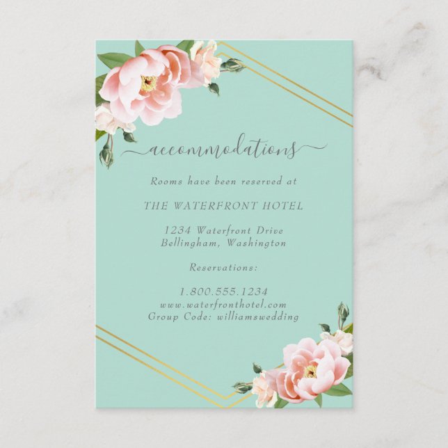 Blush Floral Gold Mint Green Wedding Unterkunft Begleitkarte (Vorderseite)