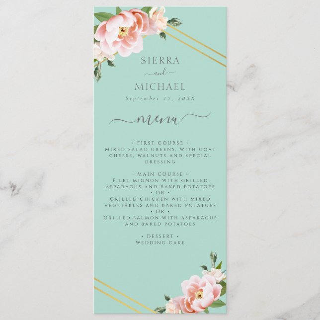 Blush Floral Gold Mint Grüne Hochzeitsempfehlung Menükarte (Vorderseite)