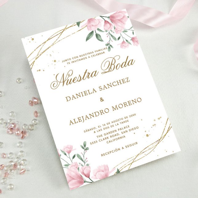 Blush Floral Gold Nuestra Boda Spanische Hochzeit Einladung (Von Creator hochgeladen)