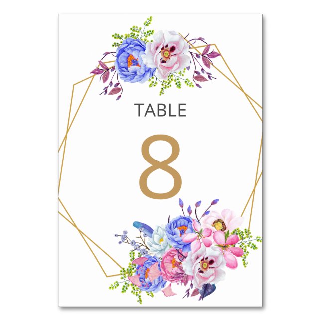 Blush Floral Gold Rahmen Hochzeitskarte Tischnumme Tischnummer (Vorderseite)