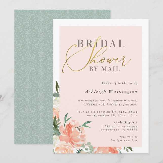 Blush Floral Gold Script Brautparty per Mail Einladung (Vorne/Hinten)