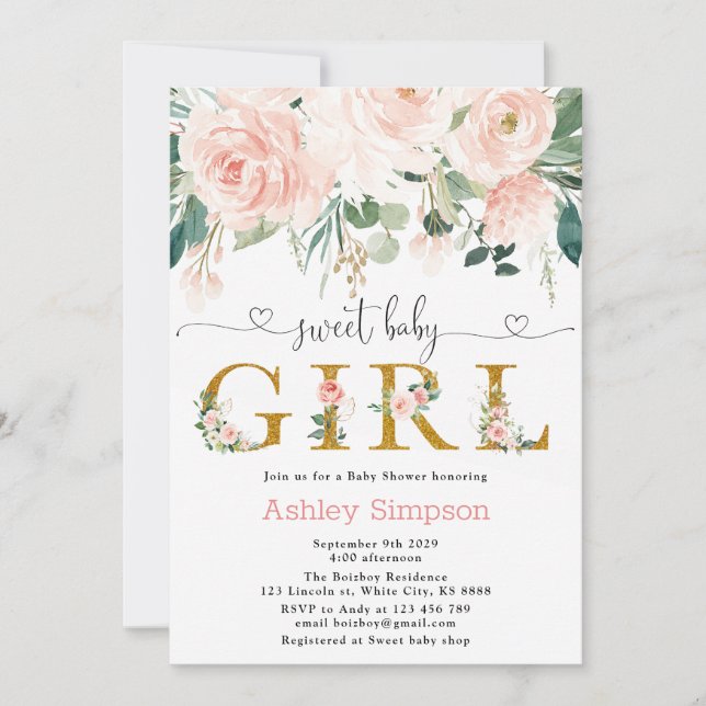 Blush Floral Gold Sweet Girl Baby Dusche Einladung (Vorderseite)