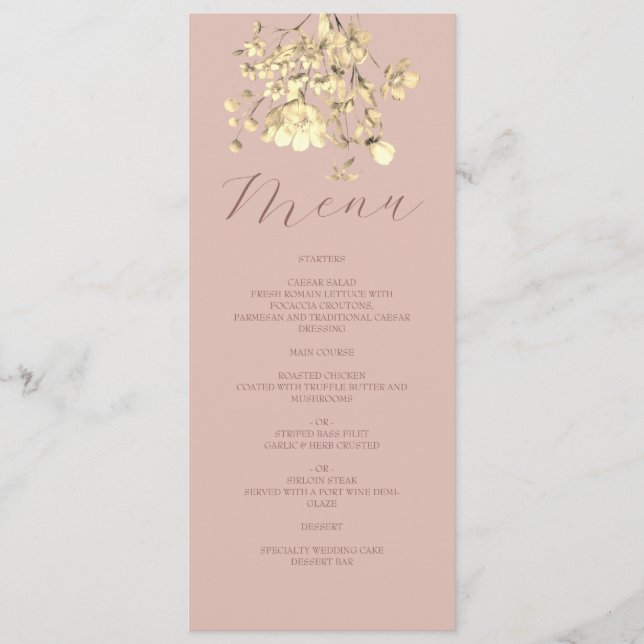 Blush Floral Gold Wedelkarte Menükarte (Vorderseite)
