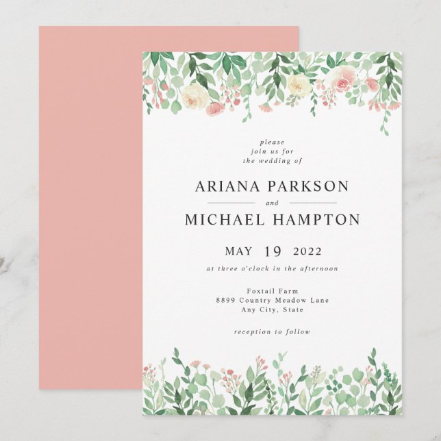 Blush Floral Greenery faire-part de mariage 4196 (Devant / Derrière)