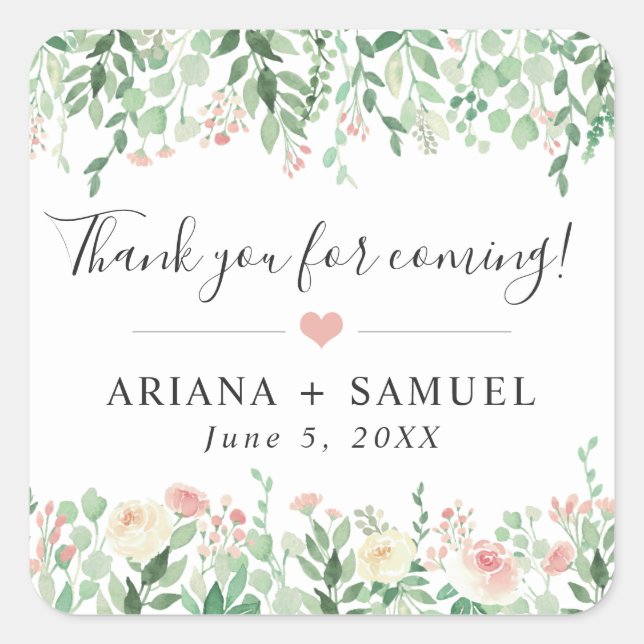 Blush Floral Greenery Hochzeit danke Ihnen dafür Quadratischer Aufkleber (Vorderseite)
