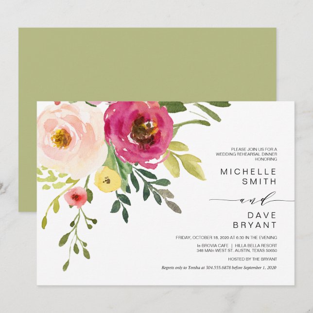 Blush Floral, Grün, Hochzeitsessen Probe Einladung (Vorne/Hinten)