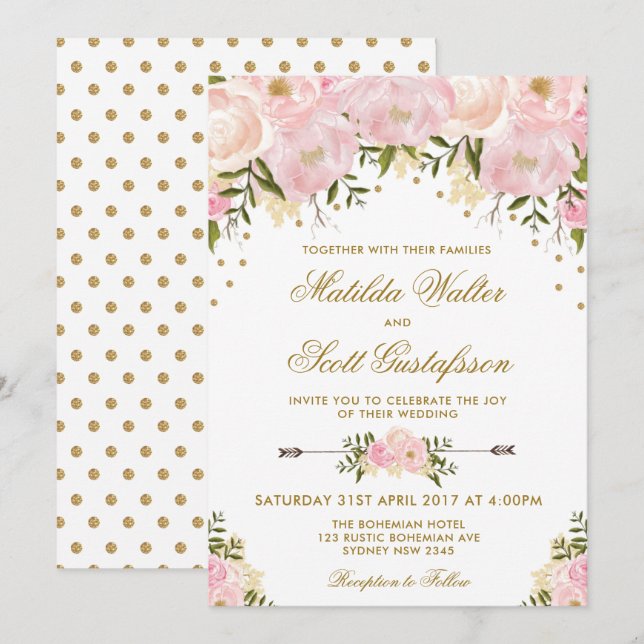 Blush Floral Hochzeit Einladung Pink Gold Blume (Vorne/Hinten)