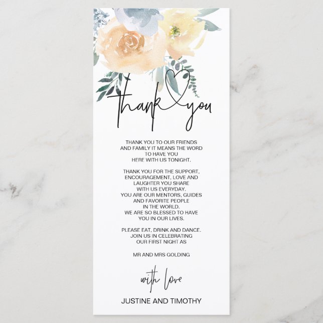 Blush Floral Hochzeit Vielen Dank Tischstellung Menükarte (Vorderseite)