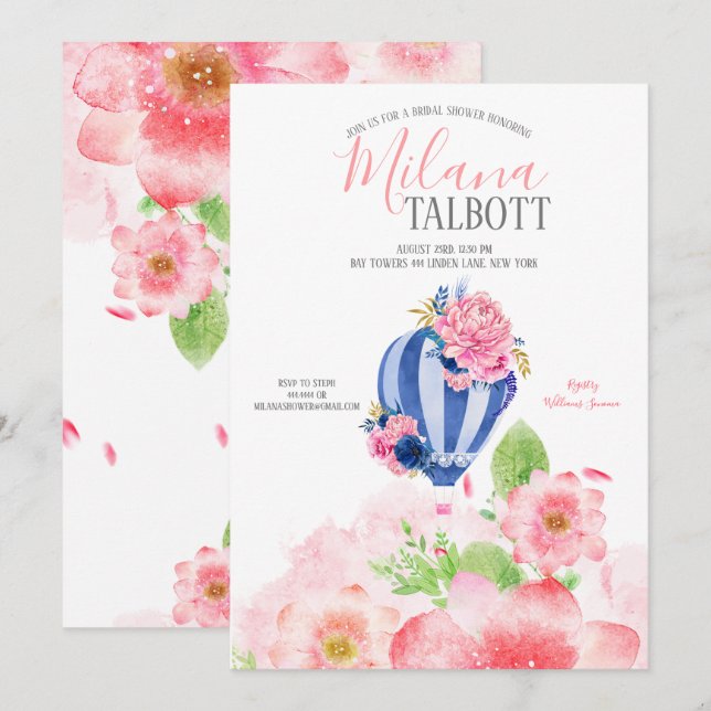 Blush Floral Hot Air Ballon Brautparty Einladung (Vorne/Hinten)