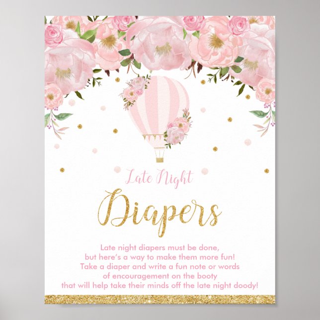 Blush Floral Hot Air Ballon Späte Nacht Windeln Poster (Vorne)